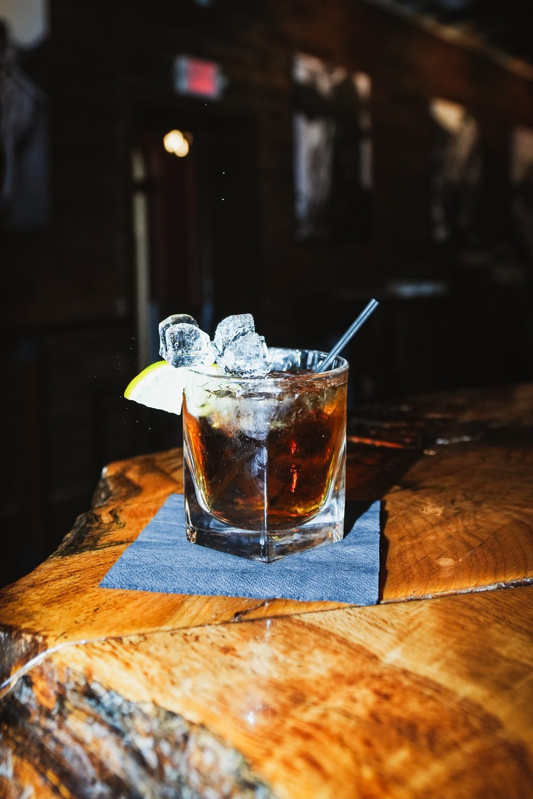 Close-up of an old fashioned cocktail with ice at Whiskey Ranch